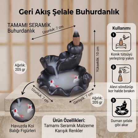 BakGelAl Koi Balığı Figürlü Geri Akış Şelale Tütsülük – Seramik Dekoratif Buhurdanlık ve Konik Tütsü Standı