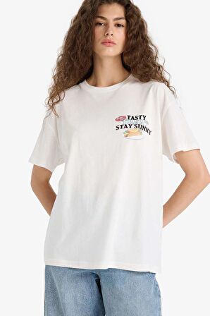 Oversize Geniş Kalıp Bisiklet Yaka Baskılı Kısa Kollu Tişört