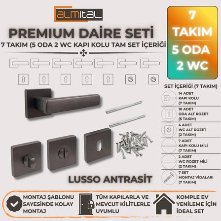 Lusso Antrasit 5 ADET ODA 2 ADET WC Kare Rozetli Kapı Kolu SET