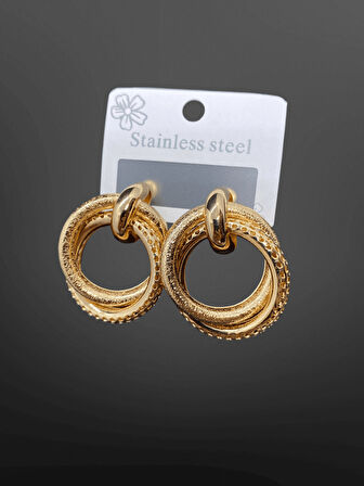 Gold Renk Çoklu Halka Parlak 316L Çelik Kadın Küpe | Modern Doku