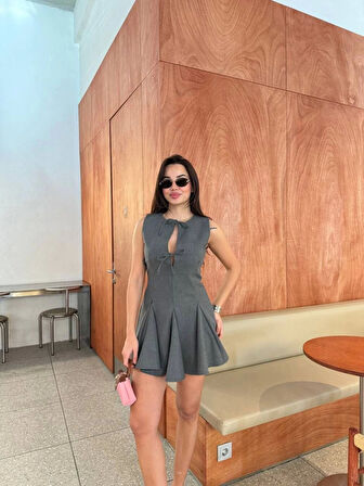 Bağcık Detaylı Kolsuz Mini Elbise - Antrasit