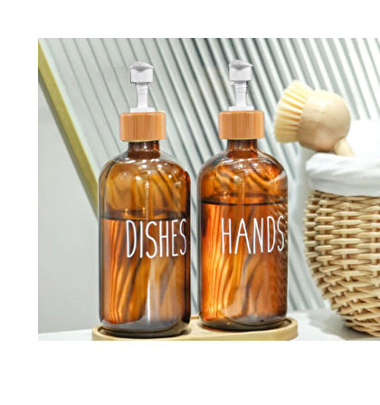 2’li Amber Bambu Standlı Hands&Dishes Sıvı Sabunluk, Bulaşık Deterjanlık Seti, 500 MLx 2 Adet