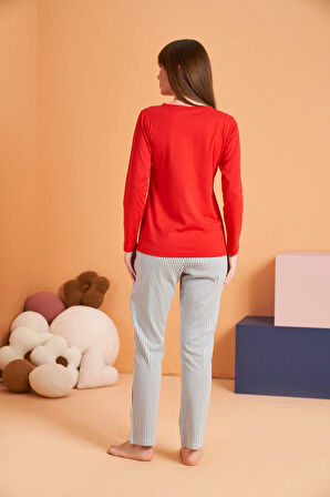Pjs 28062 Kadın Patlı Pijama Takım - Kırmızı - 46