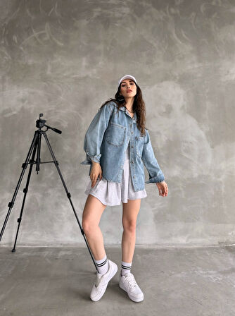 Çift Cepli Oversize Denim Gömlek Ceket