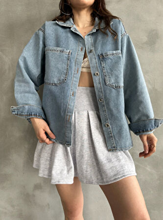 Çift Cepli Oversize Denim Gömlek Ceket