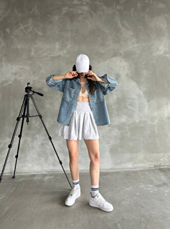 Çift Cepli Oversize Denim Gömlek Ceket