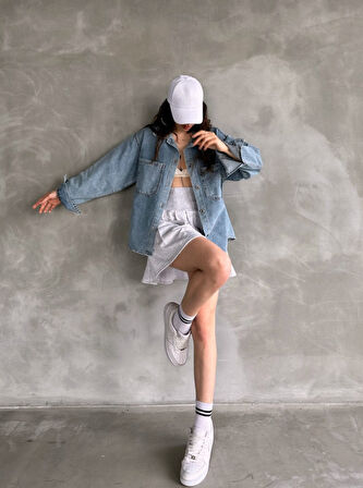 Çift Cepli Oversize Denim Gömlek Ceket