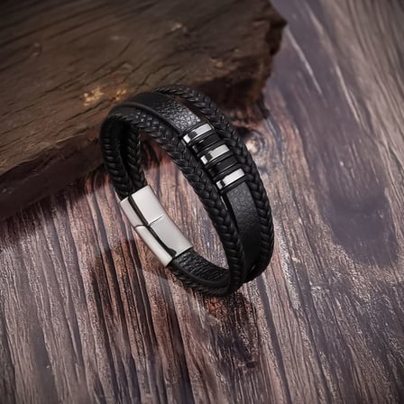 💎 Premium Orijinal Deri ve 316L Çoklu Çelik Erkek Bileklik 31834B22D1 - 21 cm