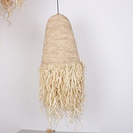 Bambu & Hasır Saçaklı Handmade Salon Yatak Odası Antre Dekoratif Sarkıt Avize, Aydınlatma 37x100cm