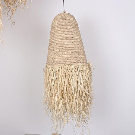Bambu & Hasır Saçaklı Handmade Salon Yatak Odası Antre Dekoratif Sarkıt Avize, Aydınlatma 37x100cm