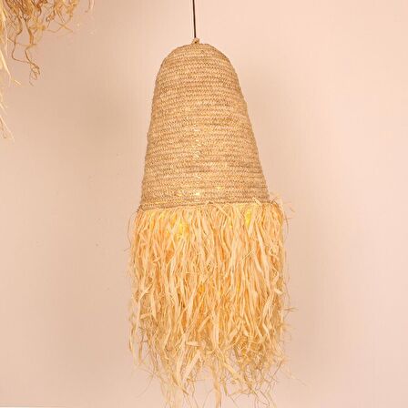 Bambu & Hasır Saçaklı Handmade Salon Yatak Odası Antre Dekoratif Sarkıt Avize, Aydınlatma 37x100cm