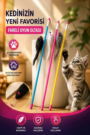 BakGelAl Peluş Fareli Kedi Oltası – Esnek Çubuklu İnteraktif Hareketli Kedi Oyuncağı
