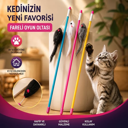 BakGelAl Peluş Fareli Kedi Oltası – Esnek Çubuklu İnteraktif Hareketli Kedi Oyuncağı
