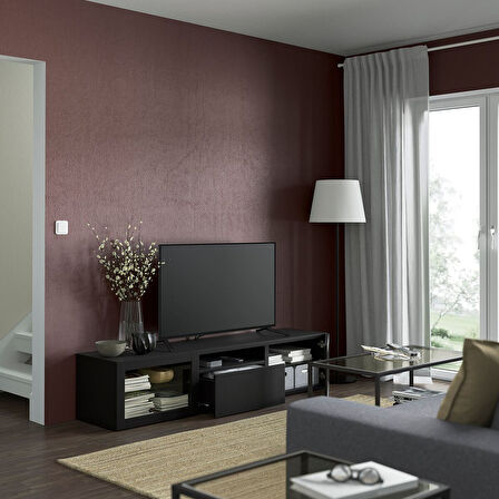 Tv sehpası, venge-siyah-kahverengi-şeffaf cam, 180x42x39 cm, LAPPVIKEN/SINDVIK, fren raylı