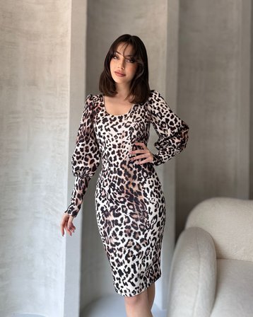 Leopar Desenli Midi Boy Elbise - BEYAZ - L