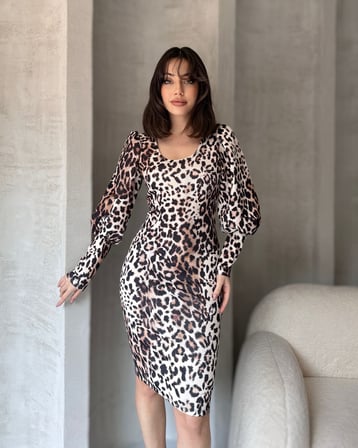 Leopar Desenli Midi Boy Elbise - BEYAZ - L