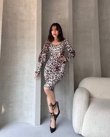 Leopar Desenli Midi Boy Elbise - BEYAZ - L