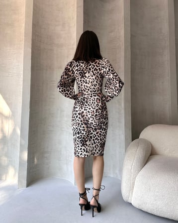 Leopar Desenli Midi Boy Elbise - BEYAZ - L