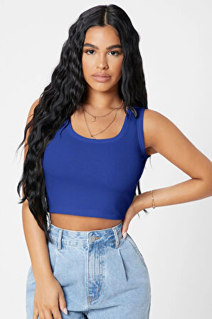 Kadın Lacivert Kare Yaka Crop Top Bluz