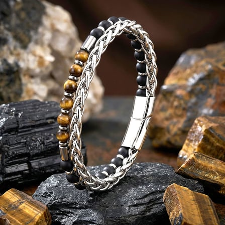 💎 Premium Çelik Zincirli Kaplan Gözü Ve Mat Oniks-Hematit Bileklik 31832B21D10  - 20 cm