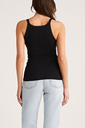 Kadın Siyah Normal Kalıp Dantel Detalı Ince Askılı Oyuk Yaka Atlet - Siyah - L-XL