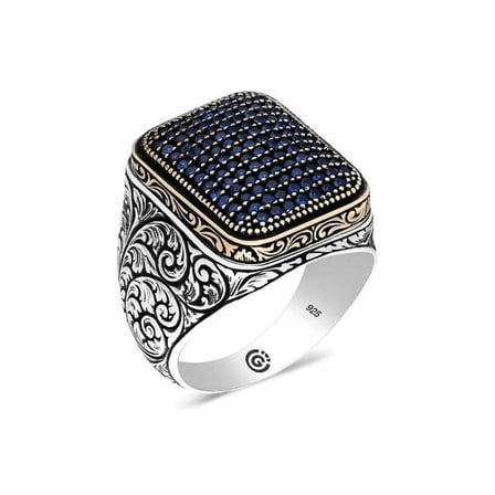 💎 Premium 925 Ayar İthal ​Gümüş Lacivert Zirkon Taşlı Kare Erkek Yüzük - 23 Ölçü