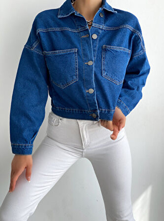 Çift Cepli Denim Crop Ceket