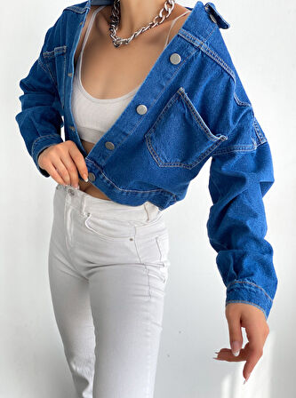 Çift Cepli Denim Crop Ceket