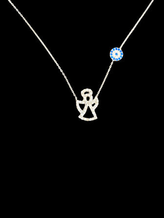 925 Ayar İthal Gümüş Zirkon Taşlı Melek ve Nazar Boncuğu Model Kolye Şık ve Anlamlı Hediye