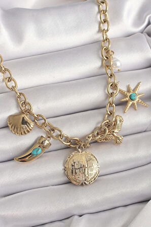 316L Çelik Gold Renk Zincir Sallantılı Çoklu Figür Model Kadın Kolye