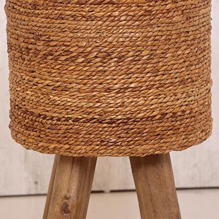pixiperi-Teak Ağacı Dekoratif Sehpa, Doğal Hasır Sehpa, Yuvarlak Yan Orta Sehpa, Puf 32x50cm