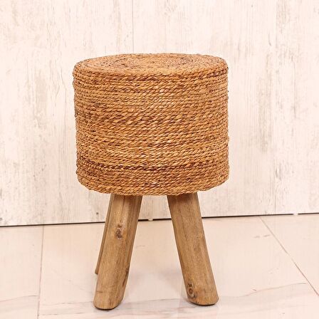 pixiperi-Teak Ağacı Dekoratif Sehpa, Doğal Hasır Sehpa, Yuvarlak Yan Orta Sehpa, Puf 32x50cm