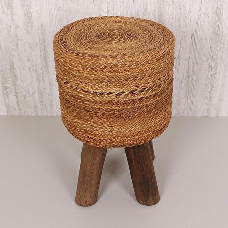 pixiperi-Teak Ağacı Dekoratif Sehpa, Doğal Hasır Sehpa, Yuvarlak Yan Orta Sehpa, Puf 32x50cm