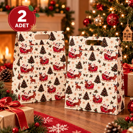BakGelAl 2'li Yılbaşı Hediye Çantası Seti 24x35x9 cm – Noel Baba ve Geyik Desenli Büyük Boy Yeni Yıl Hediye Paketi