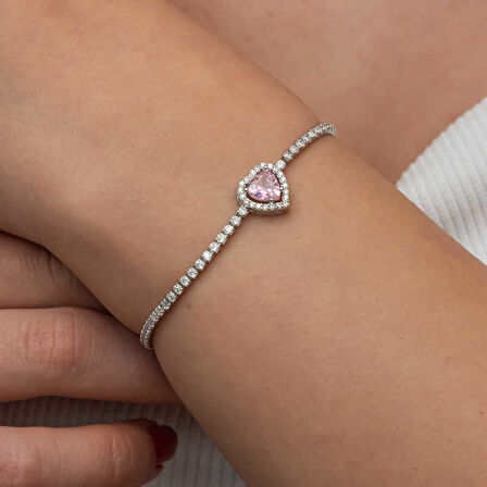 Gümüş Pembe Taşlı Kalpli Su Yolu Bileklik