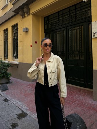 Çift Cep Denim Crop Ceket - BEJ - M