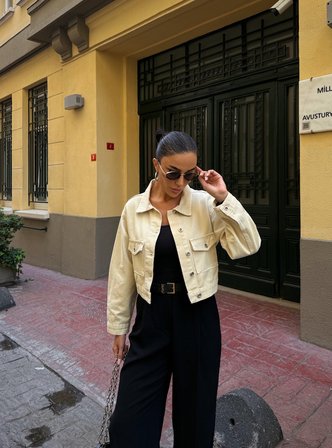 Çift Cep Denim Crop Ceket - BEJ - M