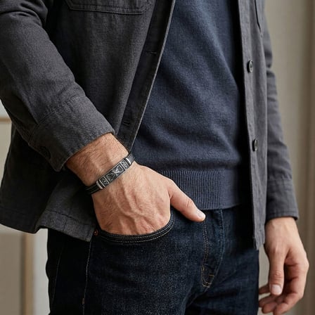 💎 Premium Şövalye Arması Motifli Çelik Kilitli Siyah Deri Erkek Bileklik 31831B8D3 - 20 cm