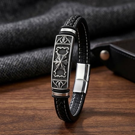 💎 Premium Şövalye Arması Motifli Çelik Kilitli Siyah Deri Erkek Bileklik 31831B8D3 - 20 cm