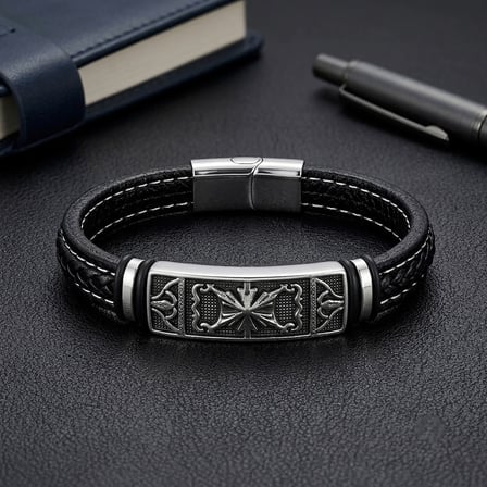 💎 Premium Şövalye Arması Motifli Çelik Kilitli Siyah Deri Erkek Bileklik 31831B8D3 - 20 cm