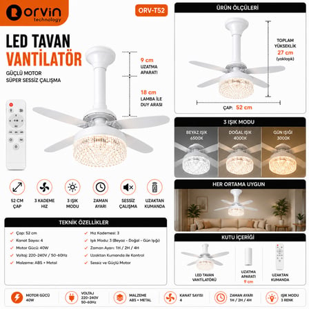 6 Kanatlı LED Tavan Vantilatörü 52 cm 40W Uzaktan Kumandalı 3 Işık Modlu Sessiz Fan