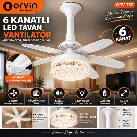 6 Kanatlı LED Tavan Vantilatörü 52 cm 40W Uzaktan Kumandalı 3 Işık Modlu Sessiz Fan