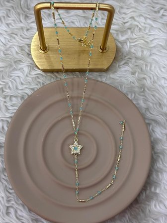 💎 Premium Parlak Gold Renk Turkuaz Boncuklu Taşlı Yıldız Figürlü 316L Çelik Kadın Kolye (45cm)