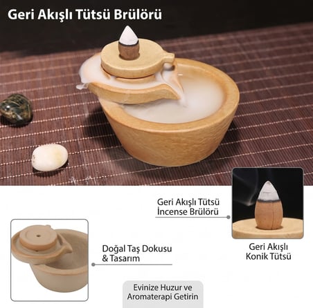 BakGelAl Taş Değirmen Tasarımlı Geri Akış Şelale Tütsülük – Seramik Dekoratif Konik Tütsü Standı 