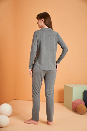 Pjs 28049 Kadın Uzun Kol Önü Düğmeli Pijama Takım - Antrasit - 48