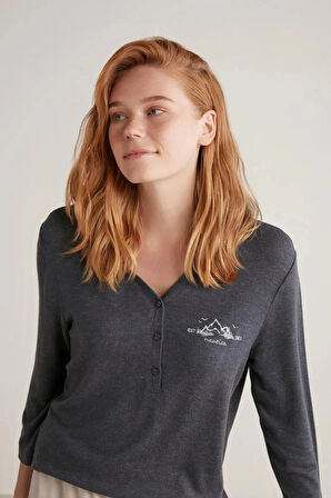 W604 Kadın Patlı V Yaka Uzun Kollu Pijama Takımı