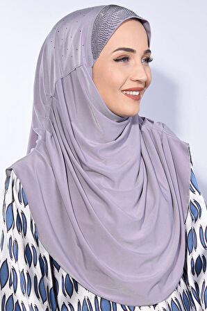 Taşlı Pileli Hijab Gri - Gri