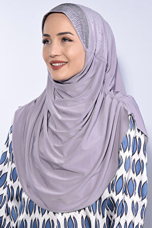 Taşlı Pileli Hijab Gri - Gri