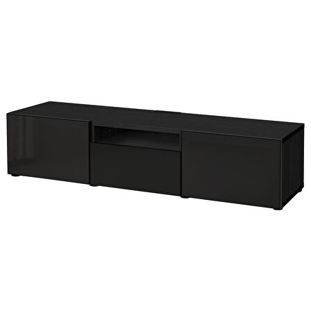 Tv sehpası, venge-parlak cila-siyah-füme cam, 180x42x39 cm, SELSVIKEN/GLASSVIK, çıt çıt raylı