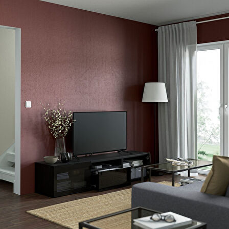 Tv sehpası, venge-parlak cila-siyah-füme cam, 180x42x39 cm, SELSVIKEN/GLASSVIK, çıt çıt raylı